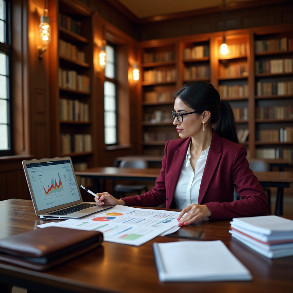 Senior consultant reviewing spreadsheet data and return analytics reports at a large desk in a professional office setting