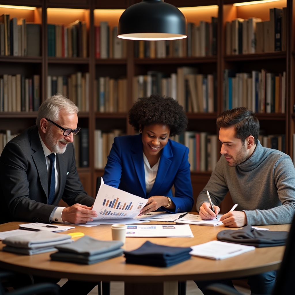 Small consulting team of three professionals gathered around a conference table reviewing product photography and return data reports