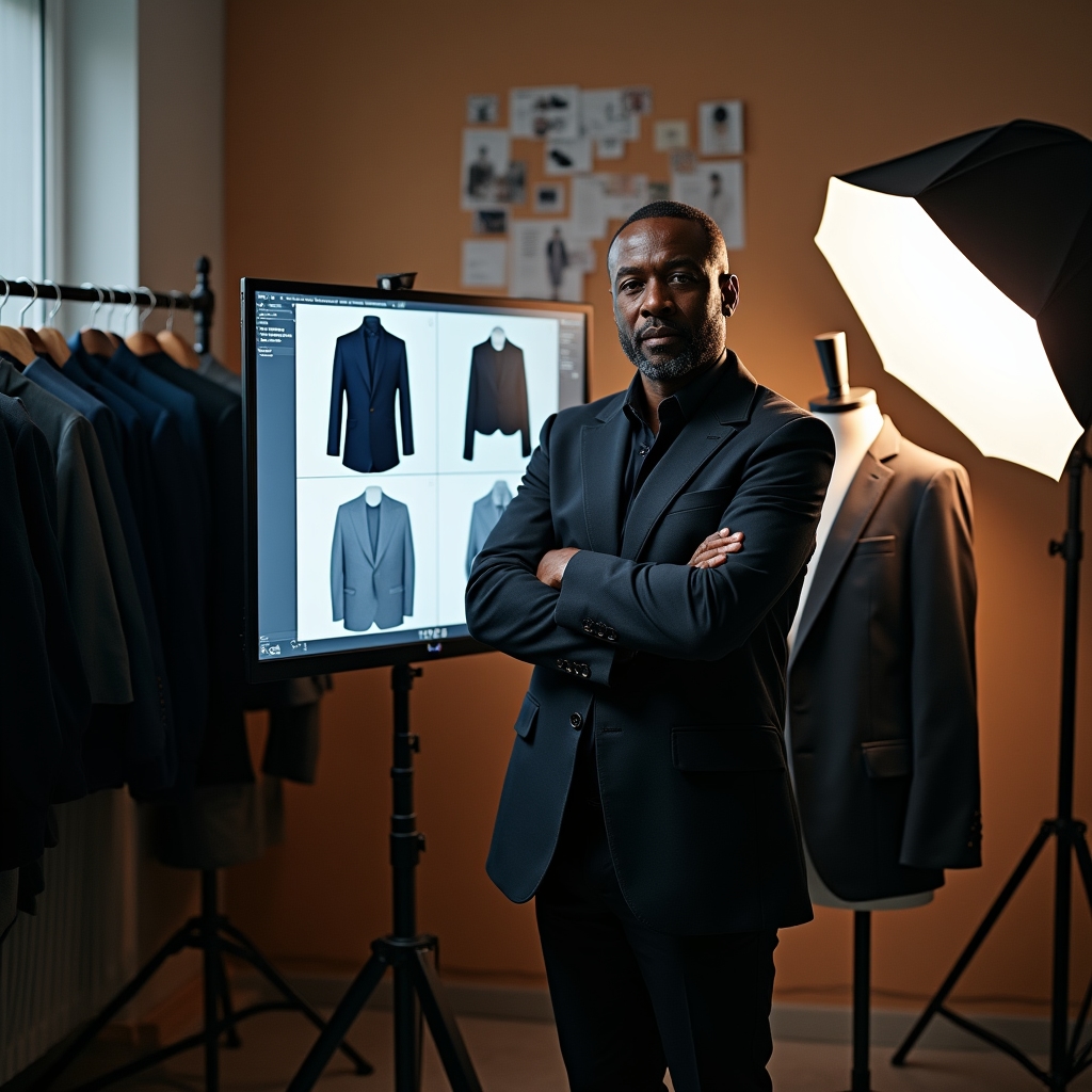 Professional product photography setup with garments on mannequins, studio lighting, and a consultant reviewing shots on a monitor