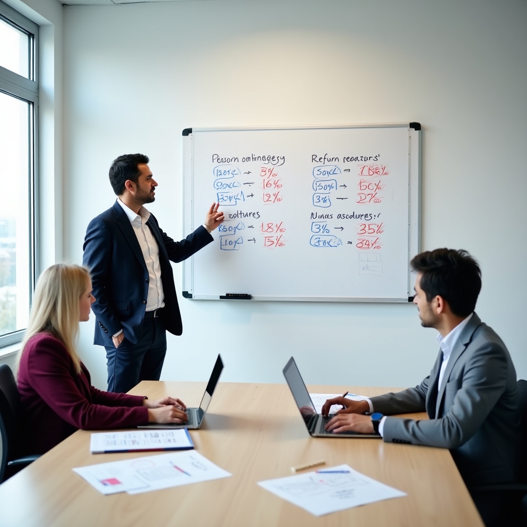 Data analyst presenting return reason category charts on a whiteboard to two colleagues in a bright conference room setting