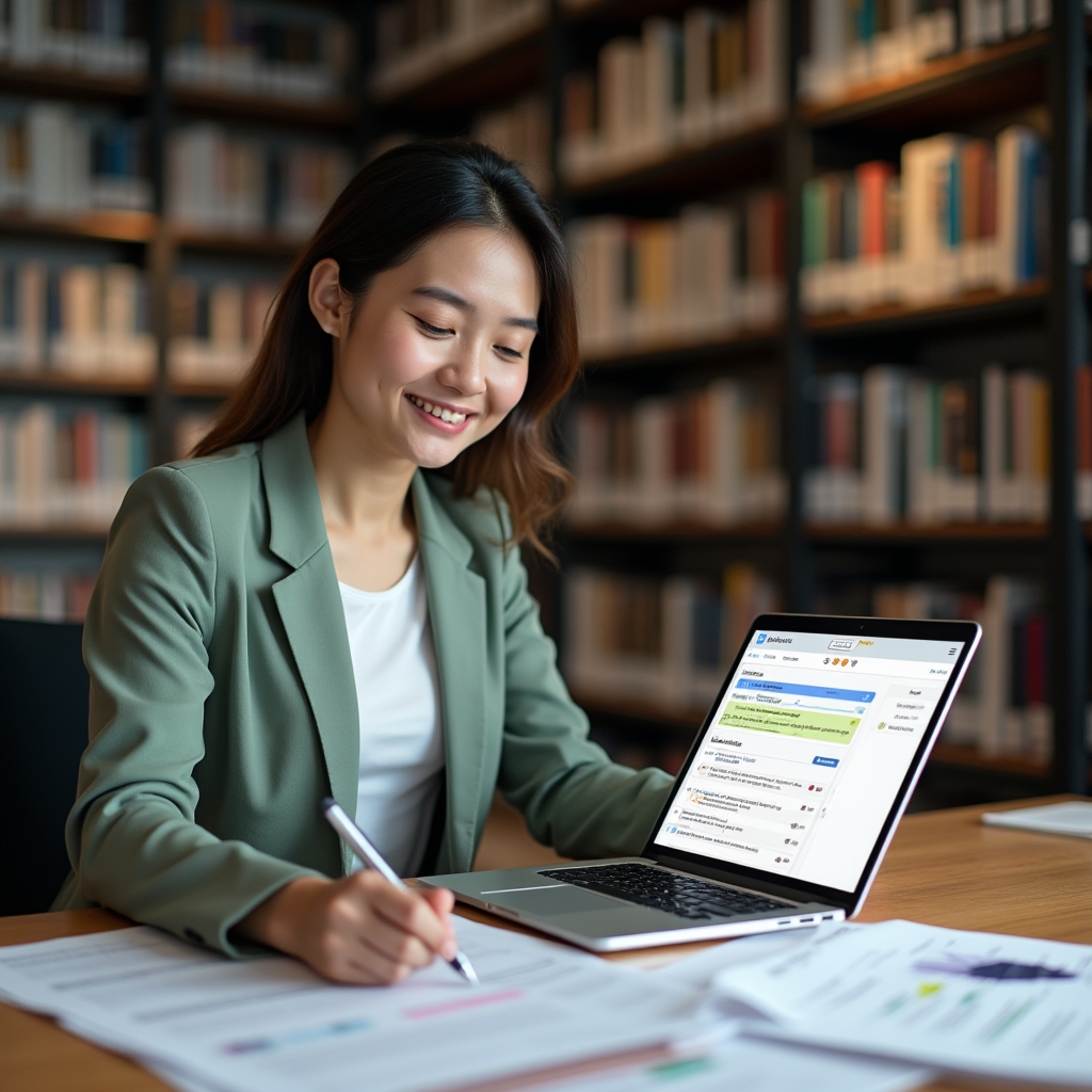 Consultant analyzing customer review data on a laptop with printed review summaries and category tags spread across a desk