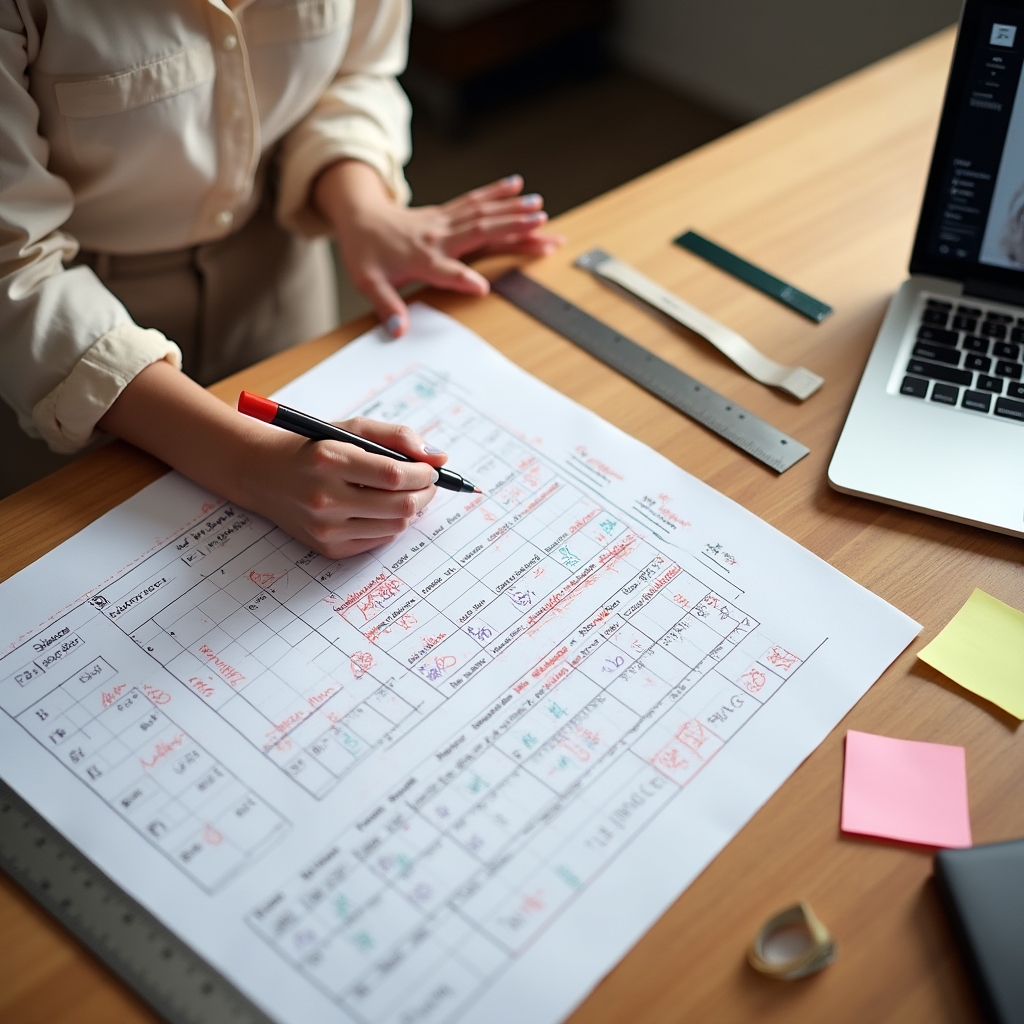 Consultant reviewing a sizing guide worksheet with measurement charts and fit notes spread on a desk