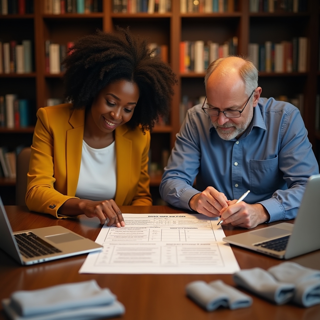 Two team members working through a printed worksheet together at a conference table with laptops and product samples nearby